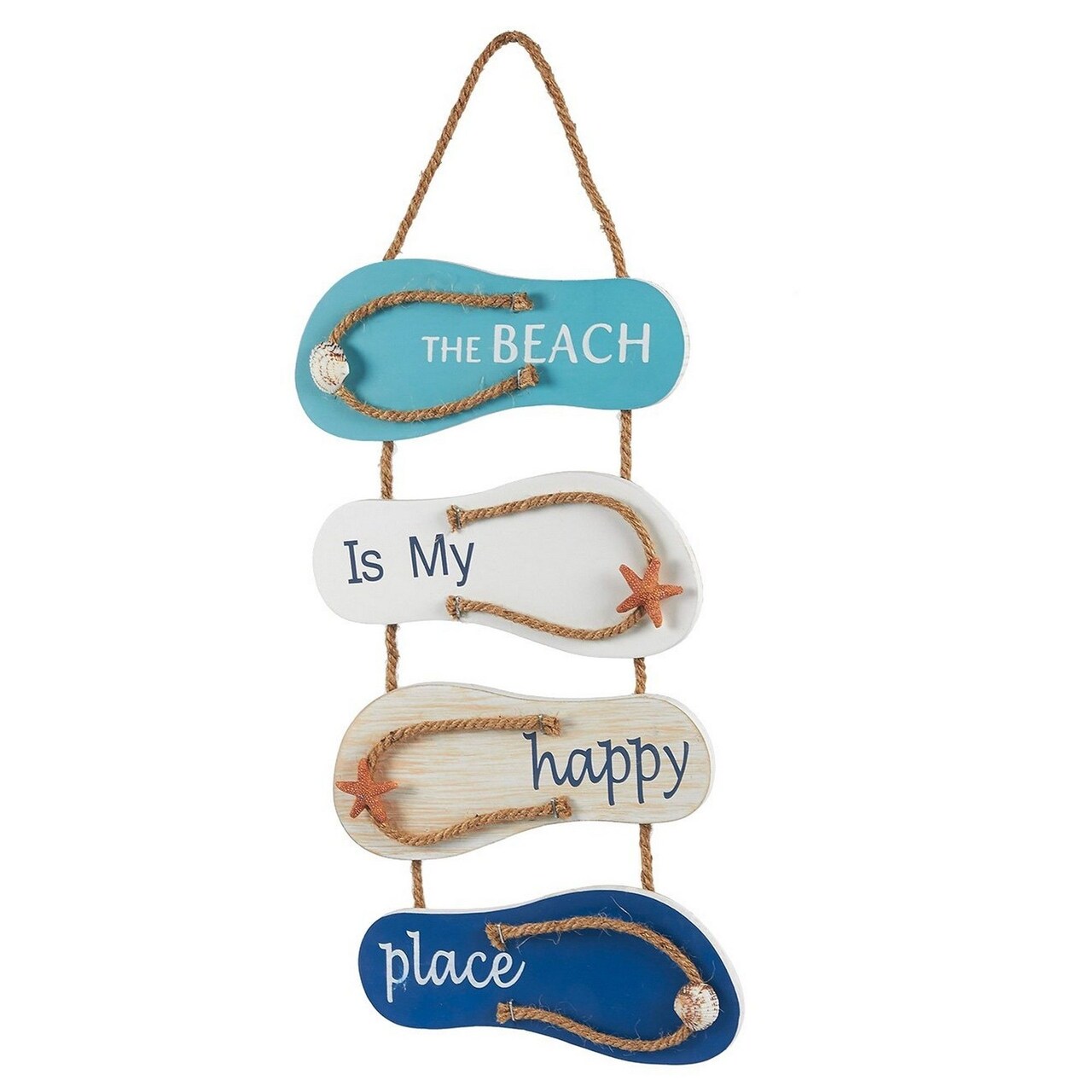 Juvale Wooden Flip Flop Beach Decor Sign - 8.7 x 20.9 in, Blue/White/Beige Coastal Wood - Nautical Decor with Seashells & Rope Hanger - Indoor/Outdoor Wall Accent for Bathroom, Bedroom & Living Room